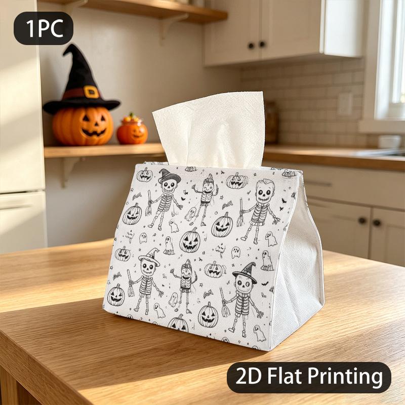1pc Tissue Box, Cartoon Halloween Skeleton Pumpkin Playful Pattern, 2D Flat Printing, Keeps Dust Out, Folds Flat, Tissue Bag, for Halloween, 2D Flat