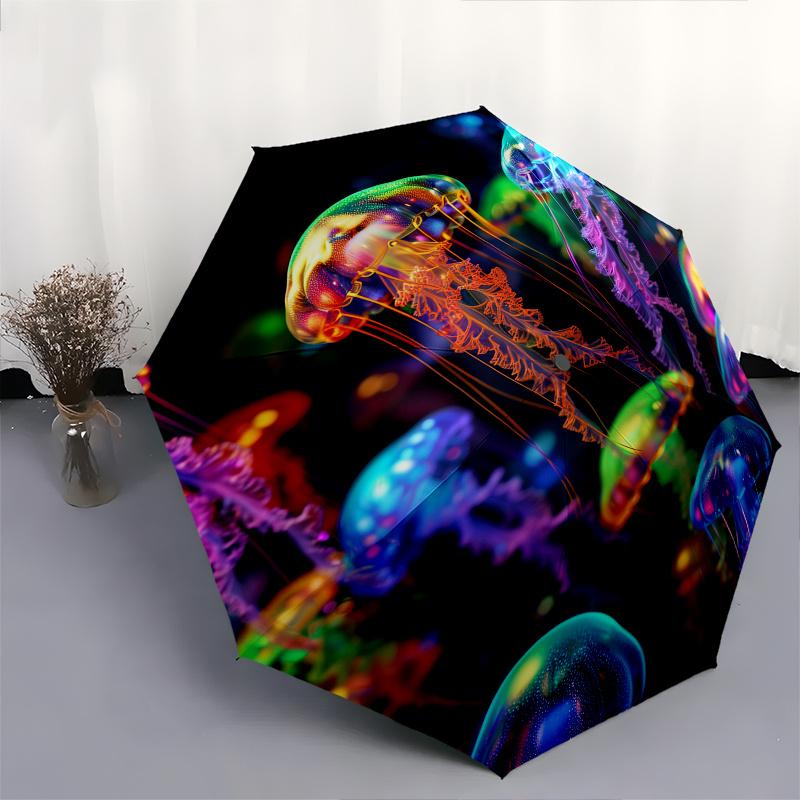 Jellyfish, Neon Colors Theme 8 Bone Hand Automatic Folding Fashion Umbrella, Compact and Portable Design, A Perfect Gift for Birthday, Chris