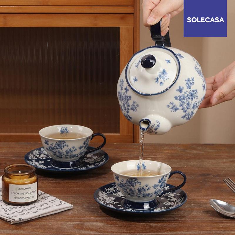 SOLECASA Ceramic Tea Set French Retro Afternoon Tea Cup & Saucer With Tea Pot Blue Porcelain Coffee Cup and Saucer Romantic Gift