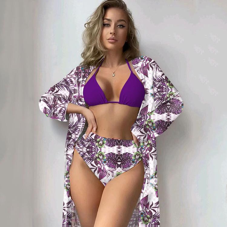 European and American High-Waisted Bikini Set with Printed Long-Sleeved Cover-Up