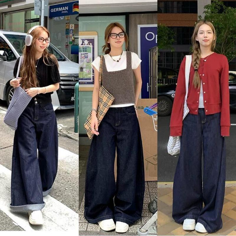 2024 Korean Fashion Loose Women Jeans New Straight Casual Mopping Denim Wide-leg Pants Elegant Woman Autumn High Waist Jeans Trousers Clothing 1740