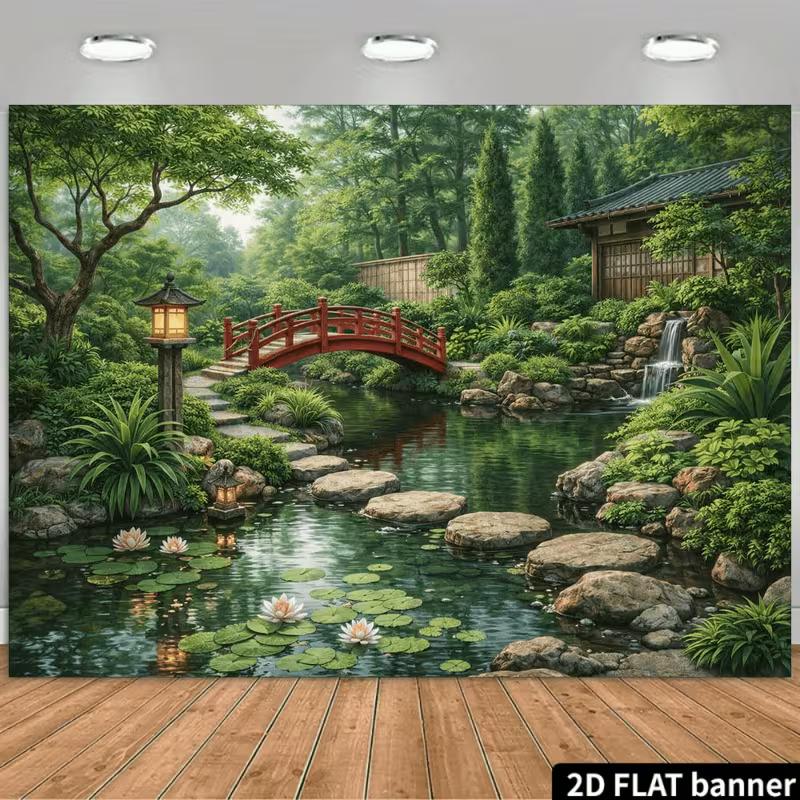 2D Traditional Japanese Garden Backdrop Zen Pond & Greenery Background Cloth