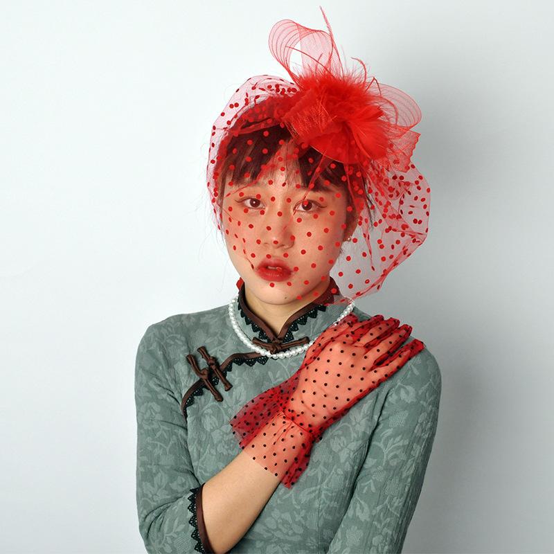 1920S Prom Spotted Headgear Veil Set Vintage Prom Gloves Combination