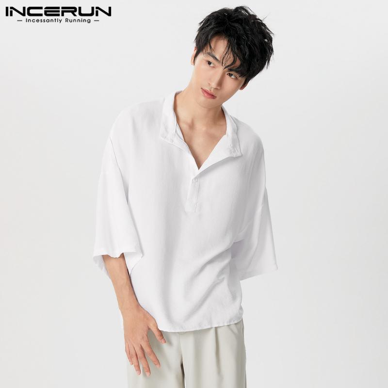 

INCERUN Мужские рубашки хенли с рукавом 3/4 и воротником-стойкой, повседневные топы 3XL белый