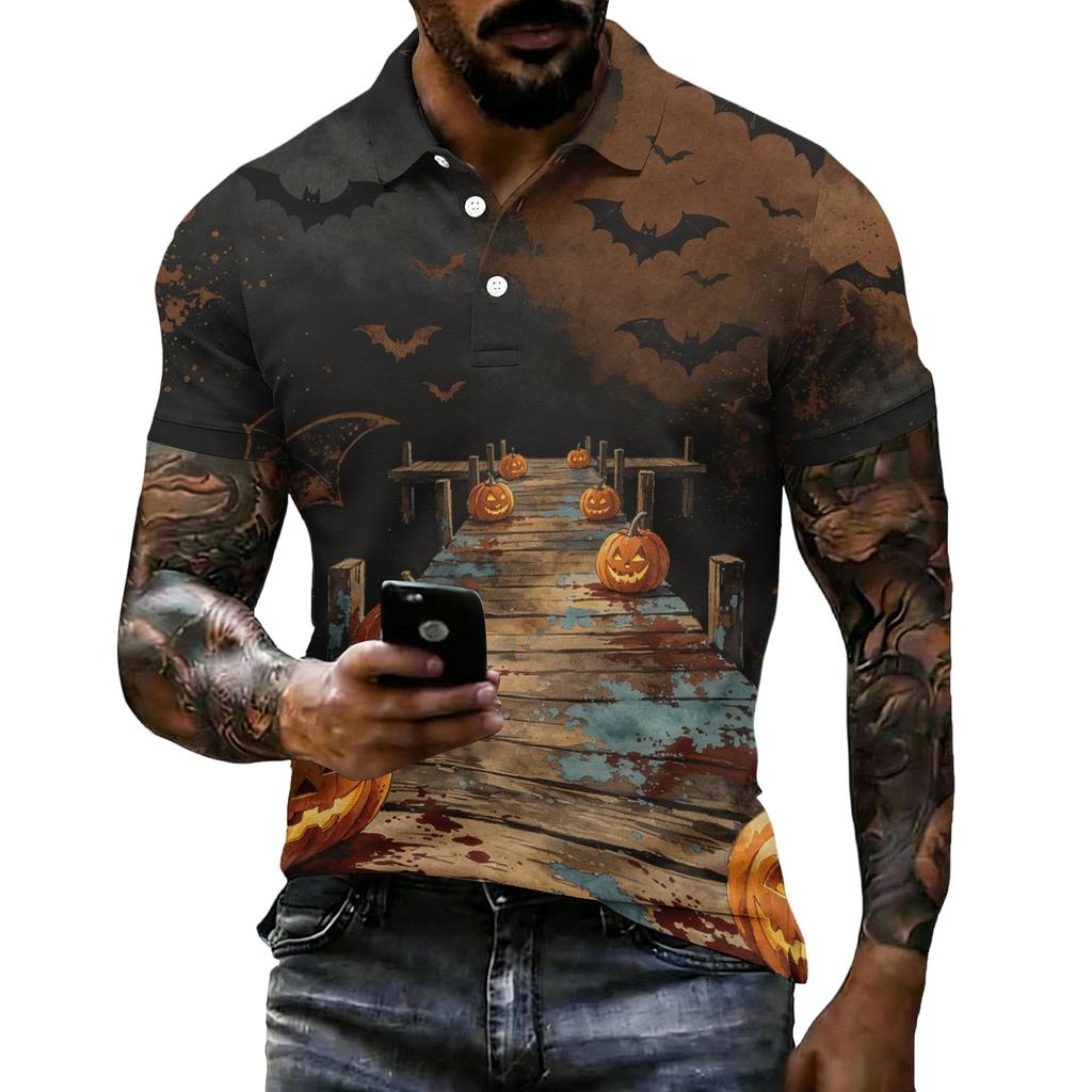 Men's Halloween Print Short Sleeve Polo Shirt Loose Fit Casual Summer Daily Top Button Down Collar