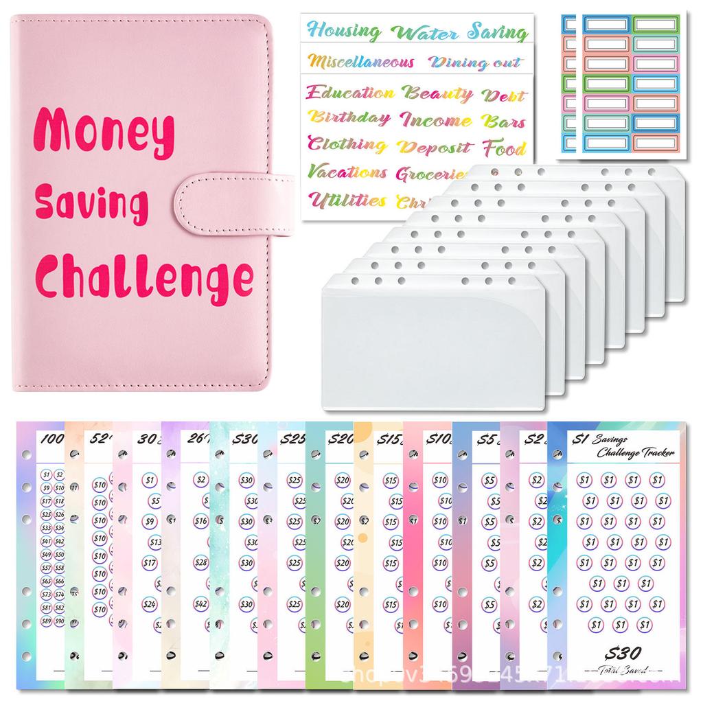 A6 Money Saving Challenge PU Cover Budget Planner Notebook Loose-leaf Book Money Planner Diary Customizable