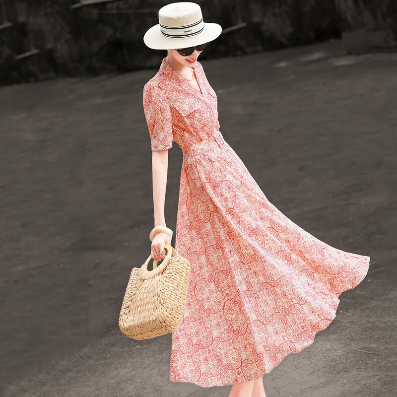 Lanseer 2026 Summer French V-Neck Printed Dress