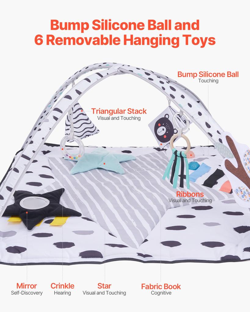 VEVOR Baby Play Gym Mat, Tummy Time Mat with 6 Sensory Toys