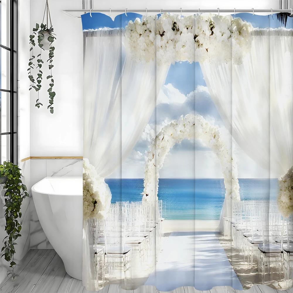Květinový sprchový závěs pro svatební scénu u moře, Dekorativní sprchový závěs do koupelny, Vodotěsný sprchový závěs s háčky