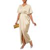 Spot 25 Summer New European and American Women's Clothing, Solid Color Satin V-neck Short-sleeved Waist Slit Dress