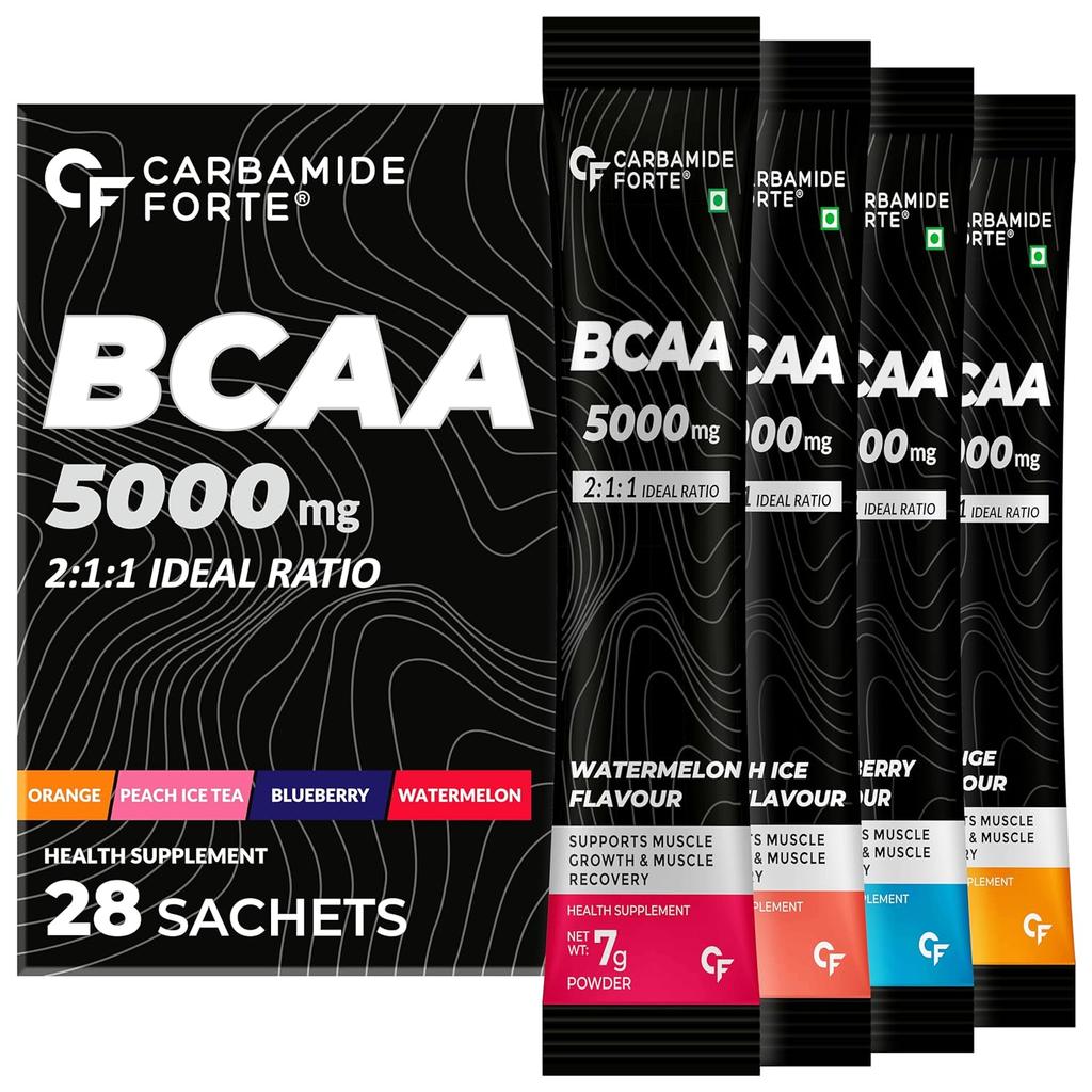 Carbamide Forte BCAA Powder 5000mg 28 Sachets Pre & Intra Workout Supplement 7g Serving 2:1:1 Ratio (4 Flavors) PACK OF 1