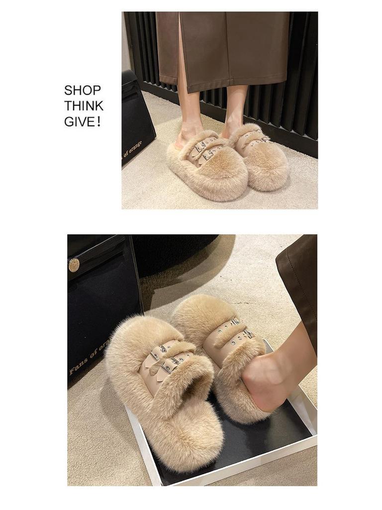 2025 Autumn/Winter Women's Plush Platform Slippers - Cozy Cotton, Thick Sole, Closed Toe