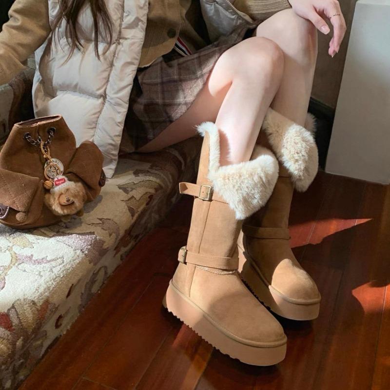 

thick-soled gray fluffy snow boots women s autumn and winter new medium and long tube piled thickened warm high boots cotton shoes 40 малиновий