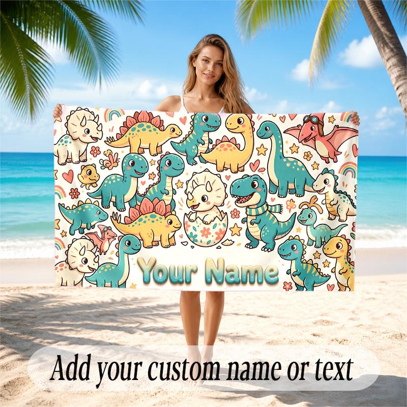 Dinosaur Theme Quick Dry Beach Towel Custom Name Text Print Large Sand Resistant Towel Beach Vacation