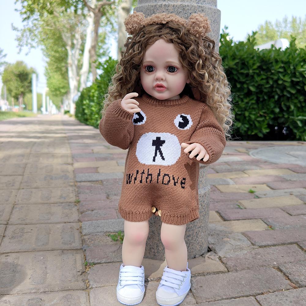 55cm Reborn Baby Doll Realistic Vinyl Girl Doll with Curly Hair Woolly Curls Cutie Knitted Outfit