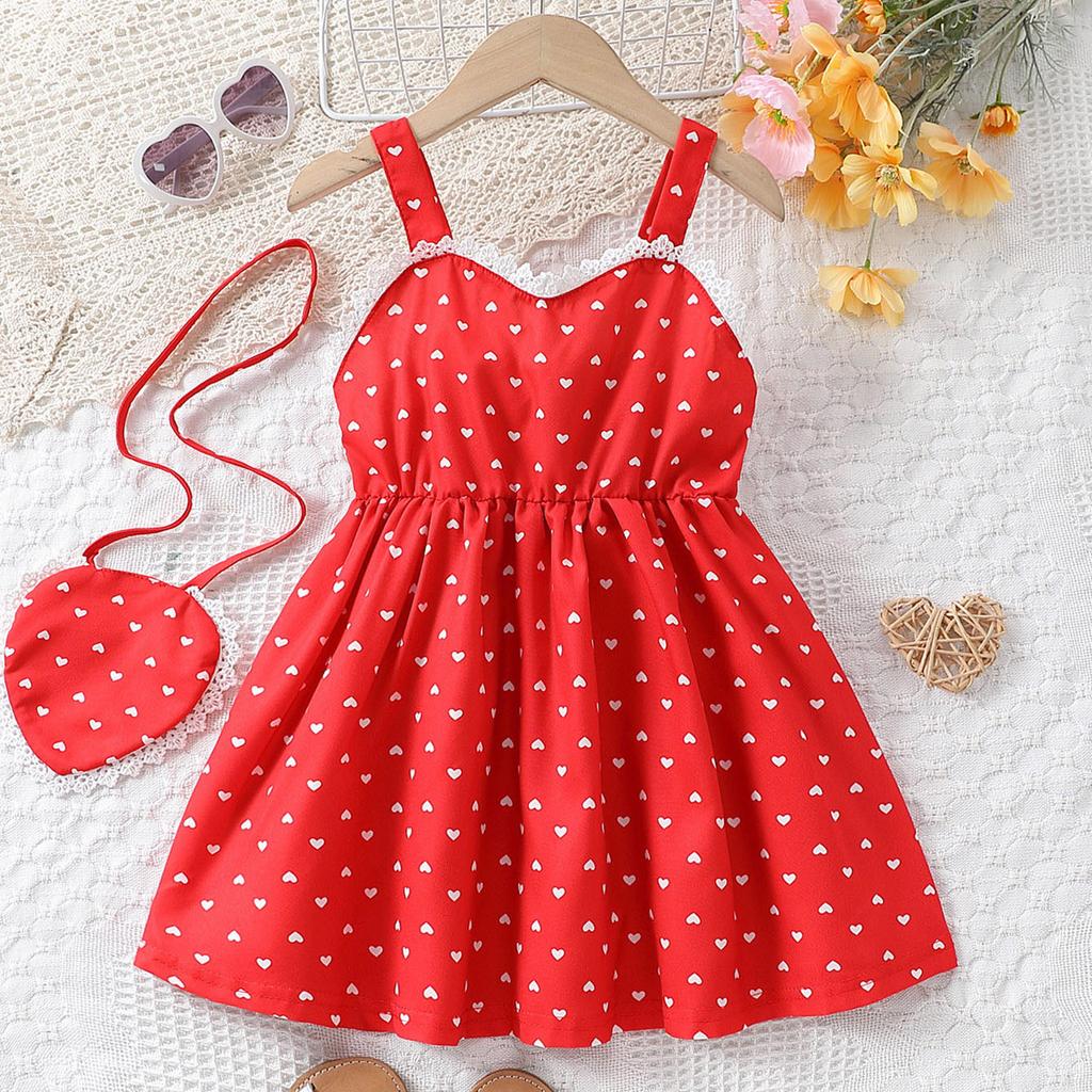 Dress For Girls 1-8Y Birthday Korean Style Fashion Lace Trim Heart Pattern Dress with Matching Bag