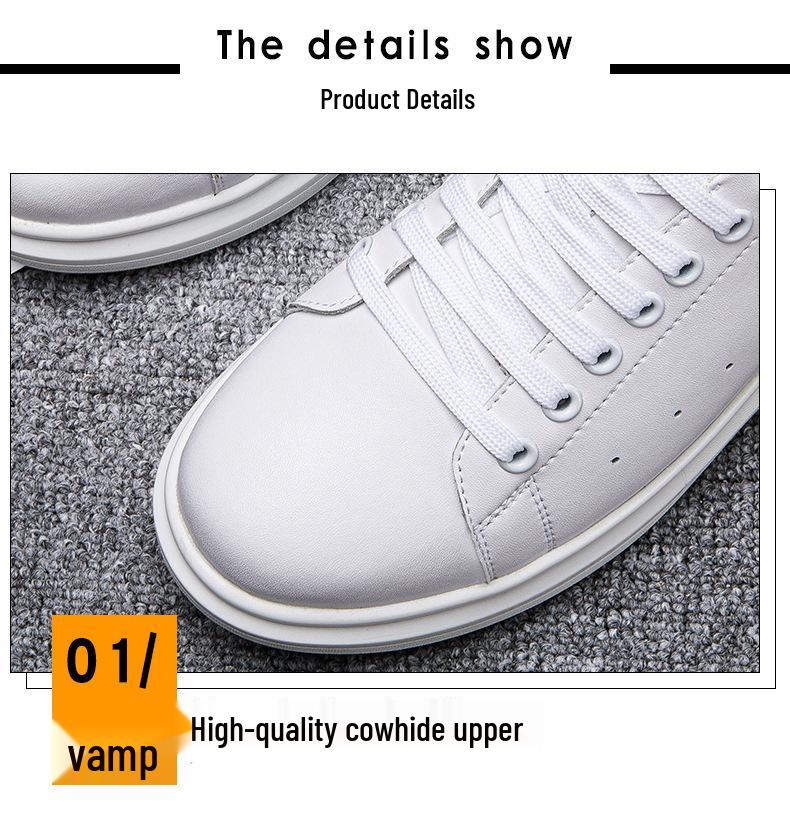 Men's Low Heel White Cowhide Platform Sneakers - Invisible Height Boost, Casual Youth Style, for Couples