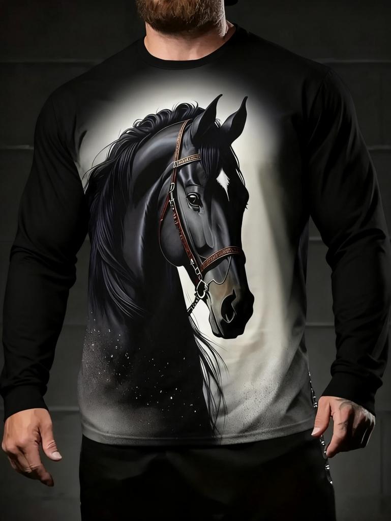 Men's T-Shirt Running Horse Graphic 3D Print Fashion Long Sleeve Crew Neck Unisex Tee Shirt Casual Summer Personality Men's Top