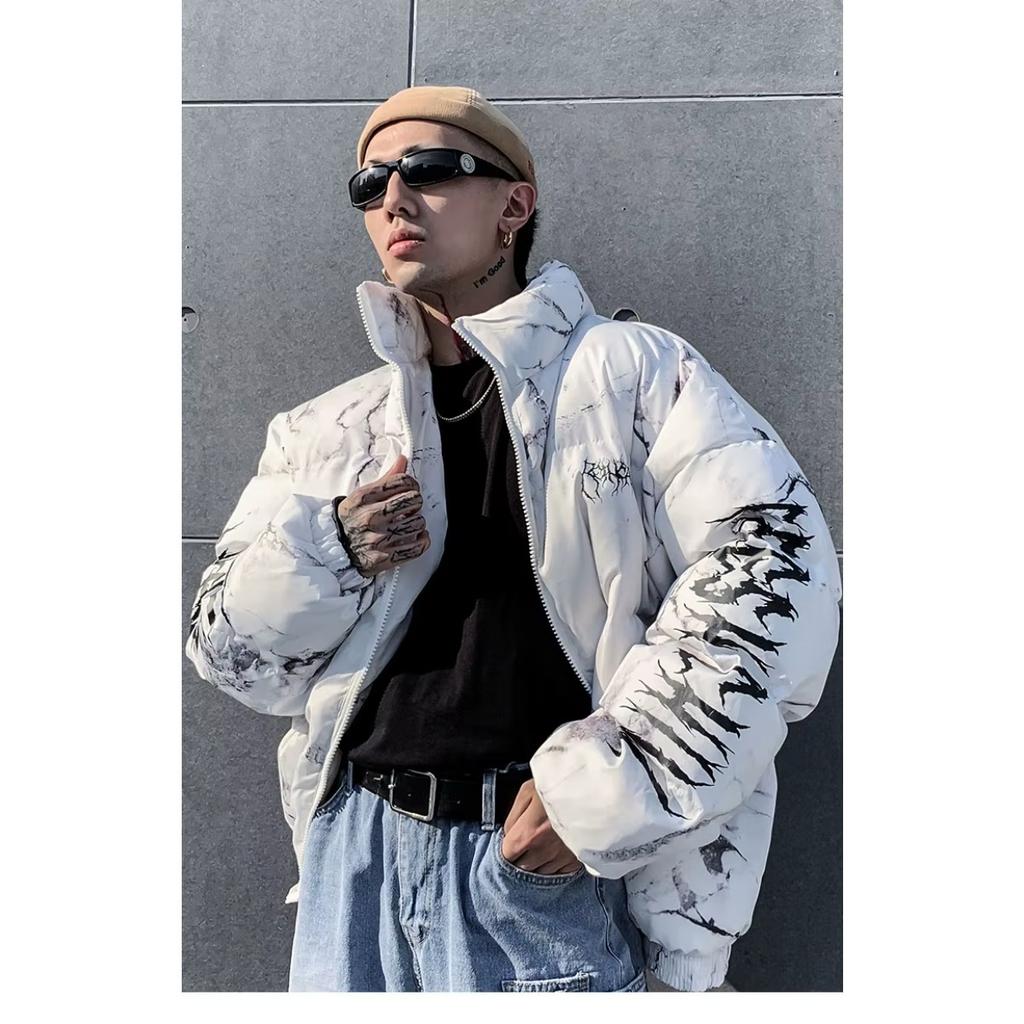 FlowStreet Parka Giacca Hip Hop Stampa Orso Ferito Uomo Invernale Giacca a Vento Streetwear Giacca Imbottita Cappotto Caldo Capo Esterno Hipster Nuovo