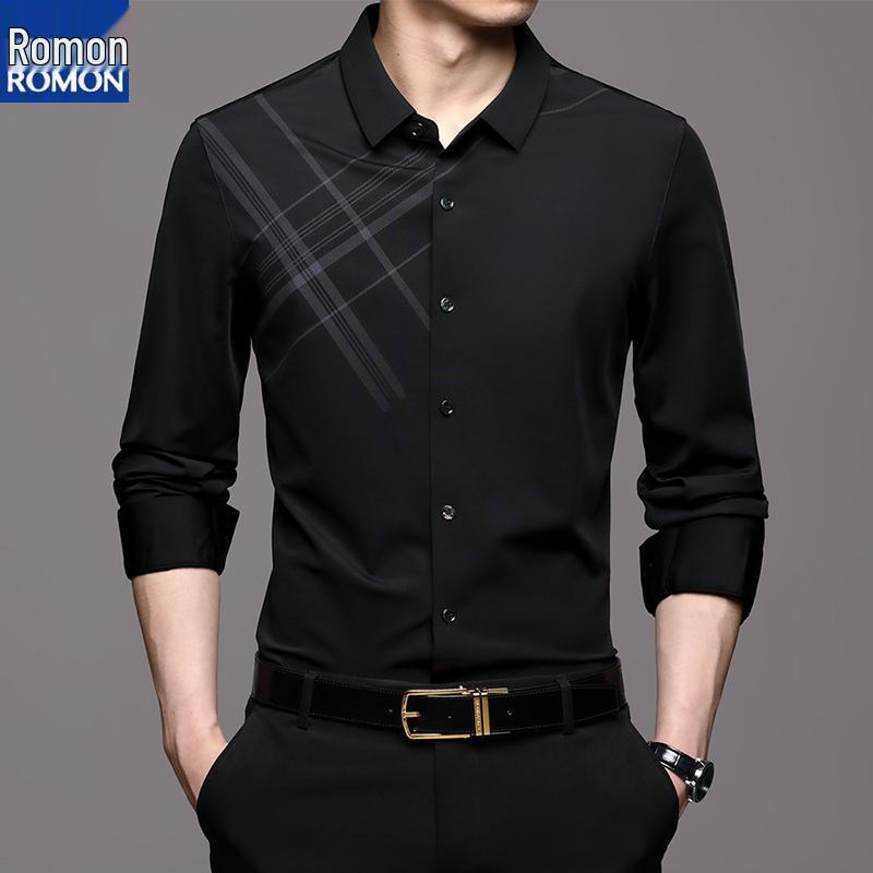 Romon Herren Maulbeerseide Langarm Nahtloses Knitterfreies Business Casual Hemd