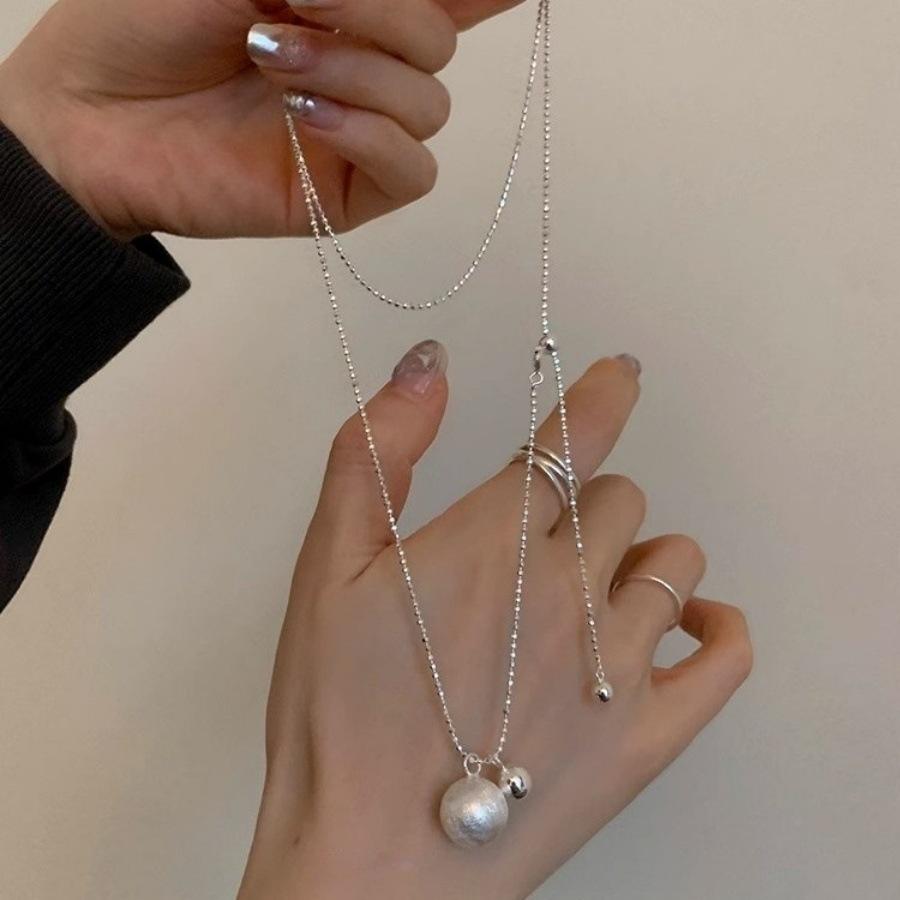 Minimalist wind brushed silver ball can pull necklace long niche design personalized versatile sweater chain neck chain