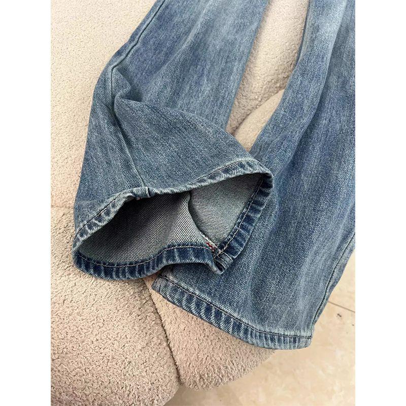 American Retro Blue Washed Distressed Slightly Flared Jeans Women's Summer New Arrival Mid-Low Waist Slim Looking Drooping Wide-Leg Pants