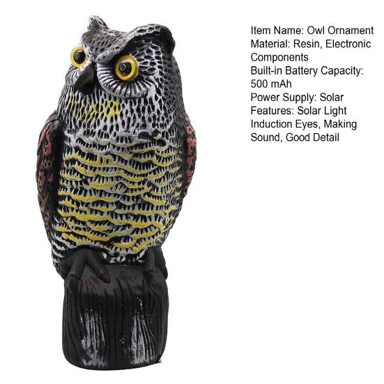 Owl Garden Statue Solar Light Induction Eyes Owl Sculpture Making Sound Figurines Indoor Outdoor Home Office Halloween Decoration Animal Ornament