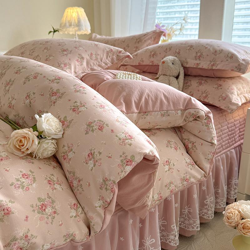 

Pure Cotton Quilted Double Yarn Four-piece Bedding Set Bed Sheet Quilt Cover Quilt Bed Cover Skin-friendly Bedding 1.5m four-piece set
