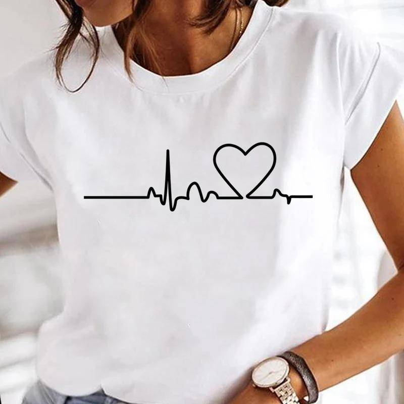 Comfortable Fabric TShirt Womens Summer Shortsleeve Shirt Tops Crew Neck Top Heartbeat Pattern Print Clothes Tops