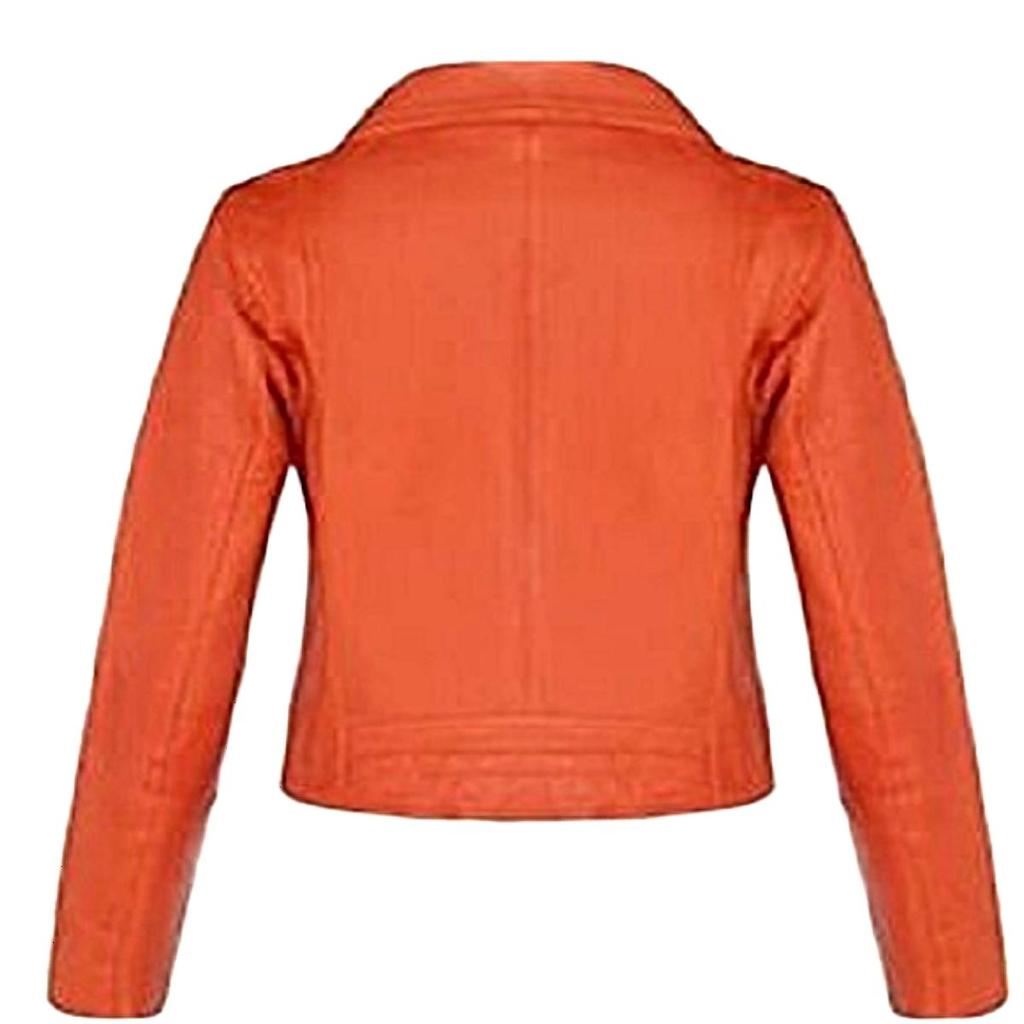 Noora Women's Orange Real Lambskin Biker Style Slim Fit Leather Jacket With Zip&Pocket