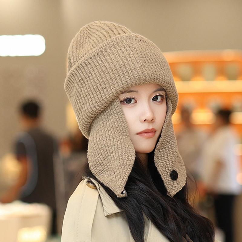 Korean Solid Color Earmuff Knitted Hat Winter Keep Warm Versatile Beanie For Women