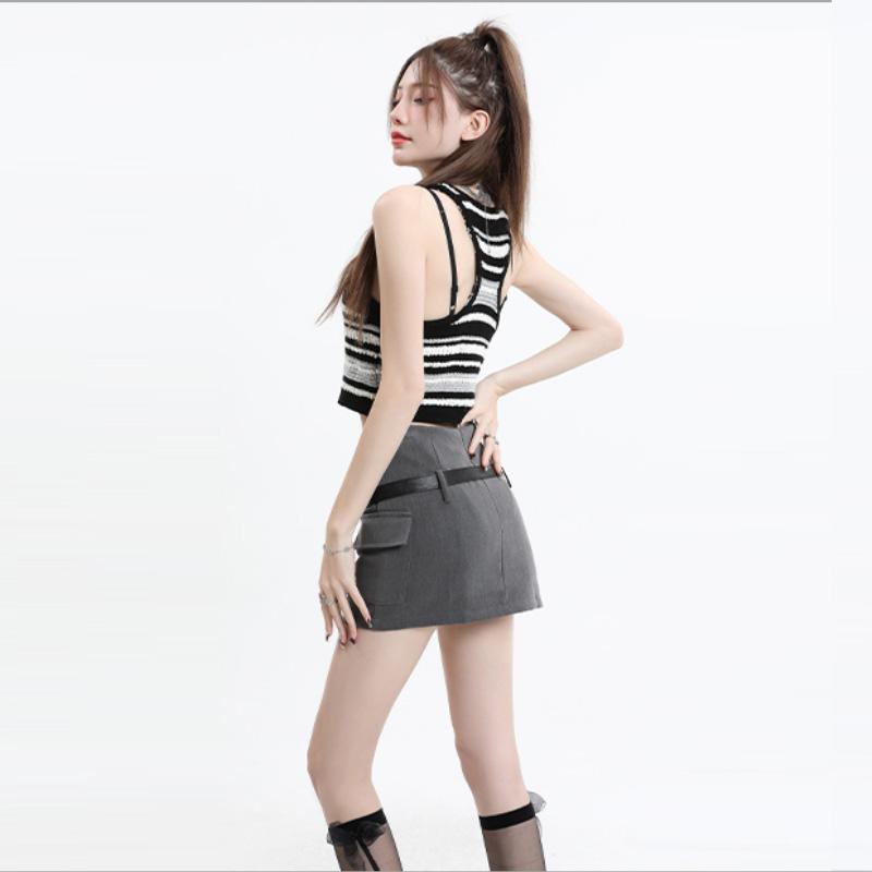 Gri Takım Elbise Şort Etek Kadın Yaz Ince Yüksek Bel Ince Mini Kalça Etekler Moda Retro Kore Tarzı Giyim Kadın Y2k