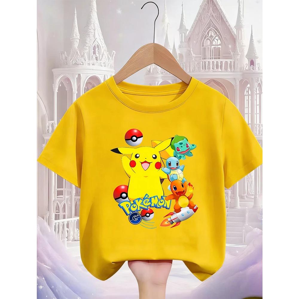 Süßes Pikachu Mode T-Shirt 3-14J Jungen Mädchen Sommer Kawaii Street Heiß Cartoon Lässig Rundhalsausschnitt Kinder
