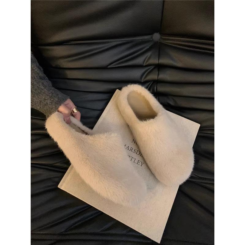 Mao Mao slippers women's outer wear 2025 new autumn and winter plush half slippers flat-bottomed pregnant women non-slip leopard print Mao Mao shoes