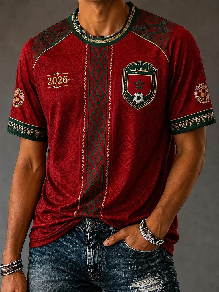 2026 Morocco National Team Red Football T-Shirt, Women's Men V-Neck Sportswear with Script & Star Motif  2026 New Colthing