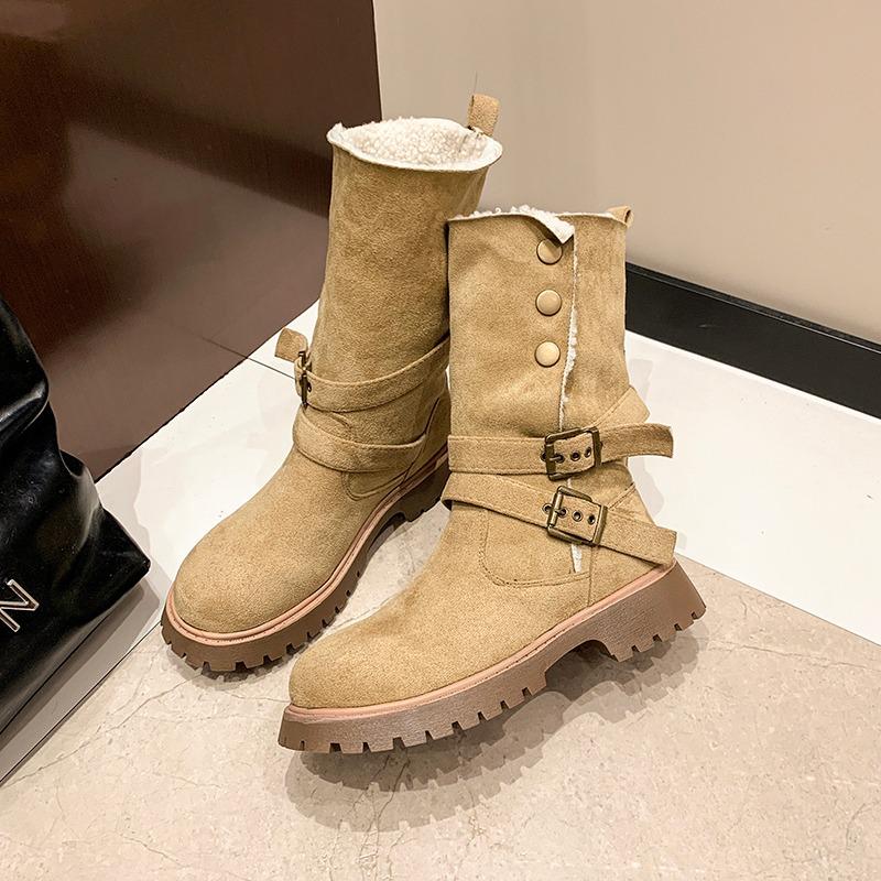 Fashion Thicken Plush Snow Boots for Women Winter Faux Fur Platform Ankle Boots Woman Mid-calf Buckle Snow Boots Cotton Shoes I08