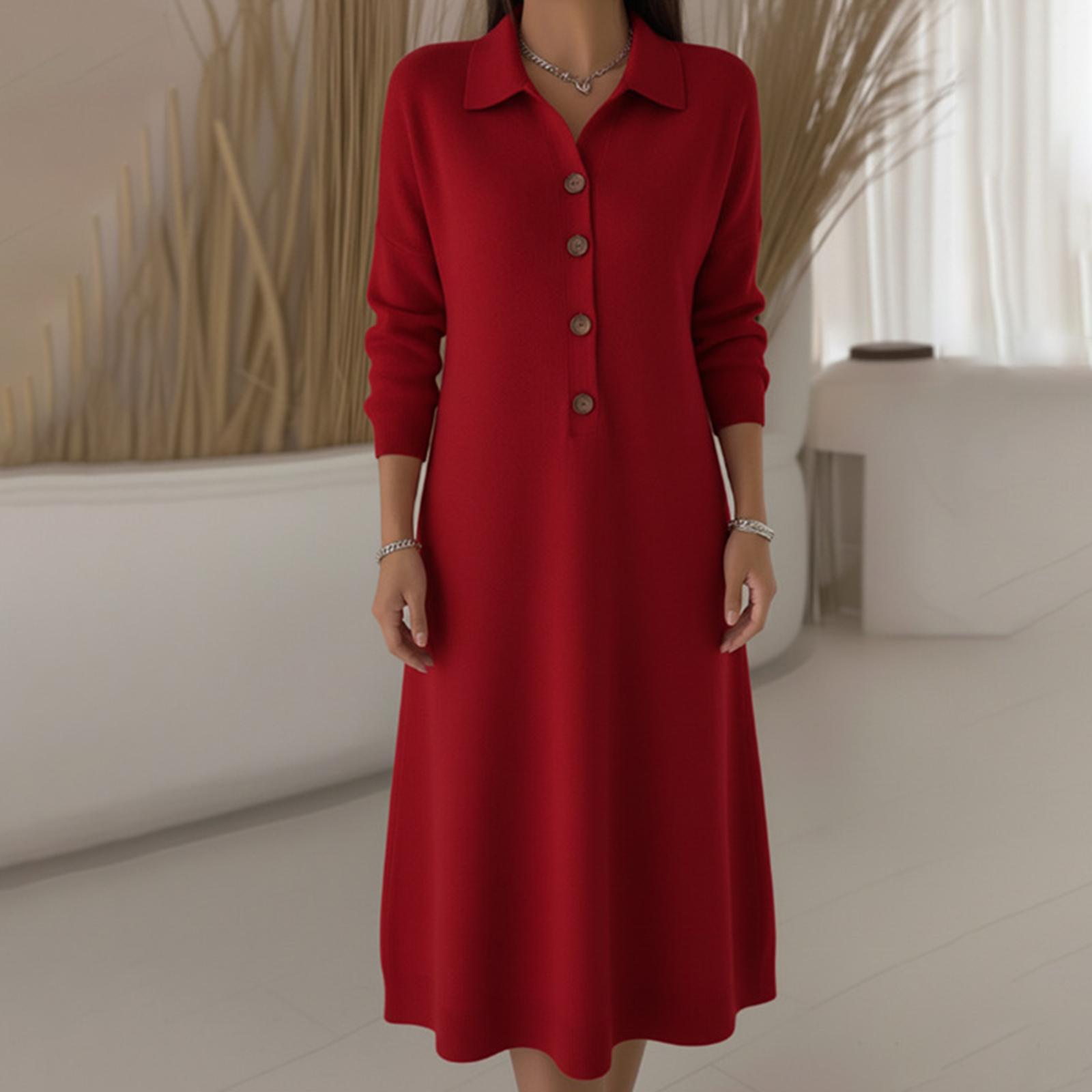 

Ladies Fashionable Casual Solid Color Long Sleeved Dress L красный