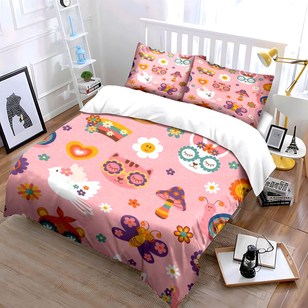 3Pcs Retro Hippie Pattern Bedding Set, Groovy Animals Print Duvet Cover + 2 Pillowcases, 70s Aesthetic Decor