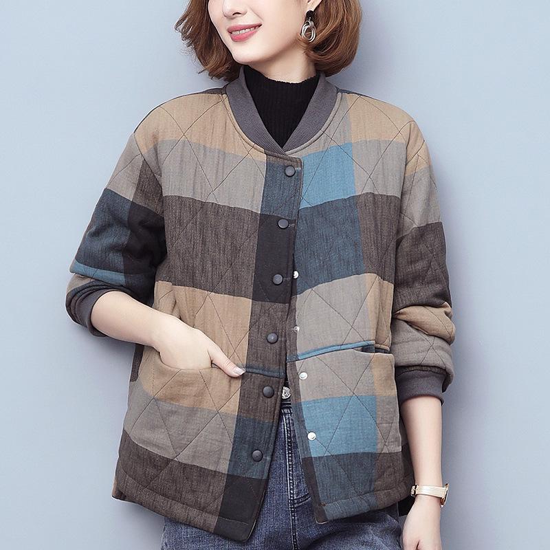 Women's Quilted Plaid Jacket - Autumn/Winter 2024: Thick, Warm, and Loose-Fit for Middle-Aged and Elderly