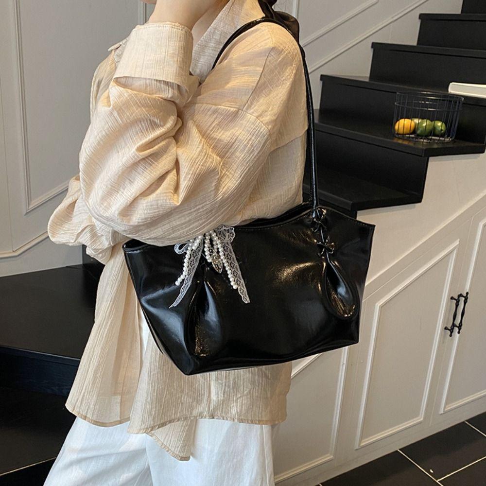 with Pendant Commuting Handbag PU Leather French Tote Bag Autumn Winter Underarm Bag  Travel