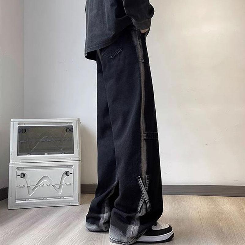 High Street Gradient American Wide Leg Jeans Men's Clothing Denim Pants Stylish Cross Spliced Vintage Young Style Loose Trousers