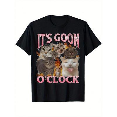 Men's "It's Goon O'Clock" Laughing Cat Meme T-Shirt 100% Cotton Round Neck Short Sleeve Humorous Tshirt Bold Text Style