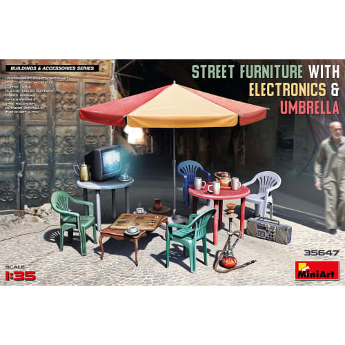 Miniart 1/35 Scale Street Furniture, Appliances, and Parasol Plastic Model MA35647 (Molded Color)