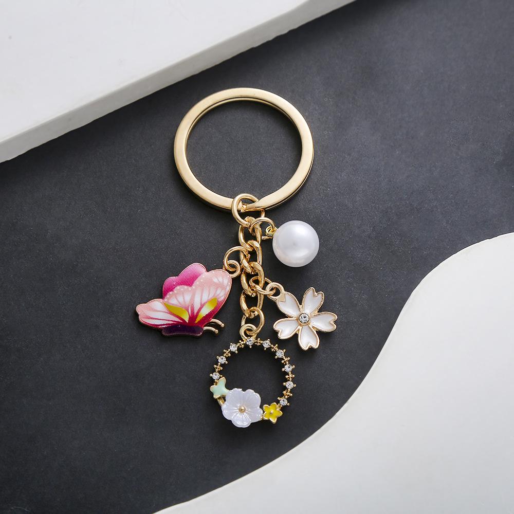 Pink Butterfly & Pearl Flower Keychain Ornament