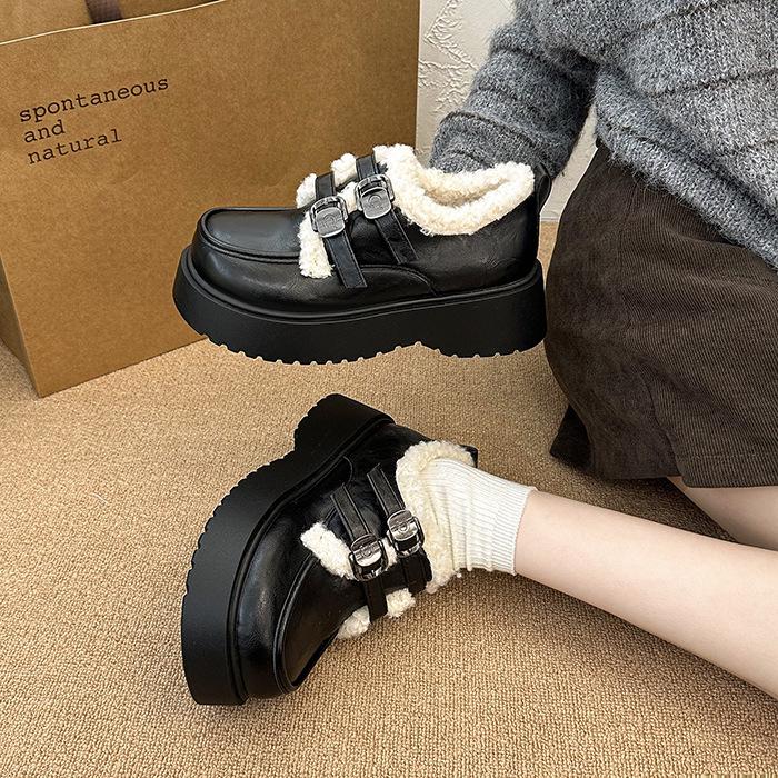 College Style Sweet and Cool Cotton Shoes Women's 2025 Autumn and Winter New British Style Heightening Strap Thick Heel Loafer Single Shoes Cotton Sh