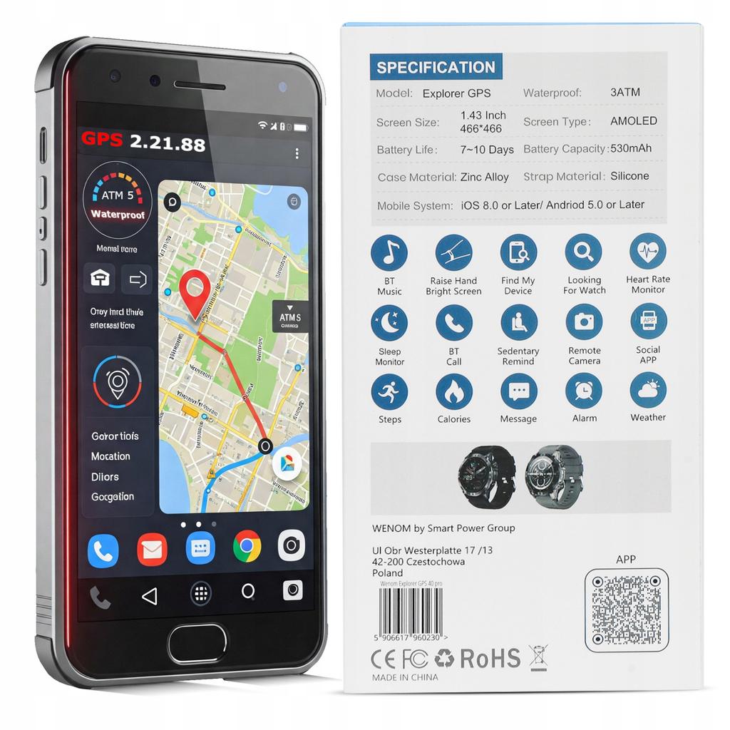 Smartwatch wenom explorer gps polskie menu wodoodporny 3 atm smart watch
