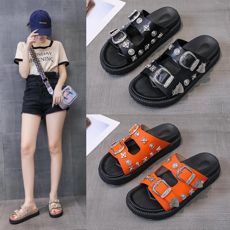 Fashion Platform slippers 20245summer new wear metal buckle rivet casual sandals open toe one word beach ins cool style shoes