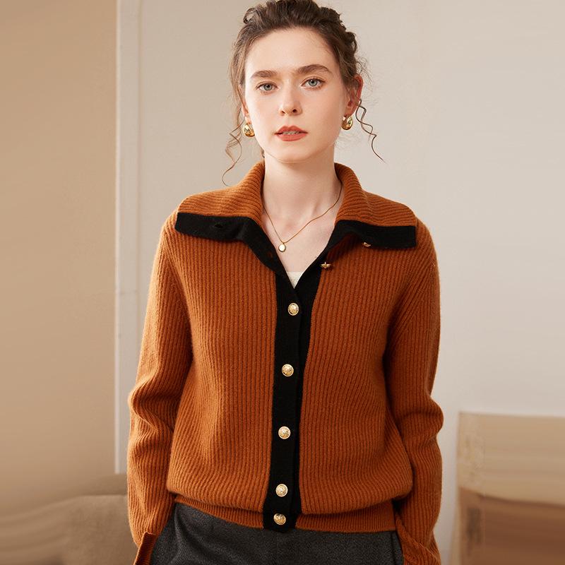 Women's Cashmere Knit Color-Block Polo Cardigan with Split Cuffs and Long Sleeves