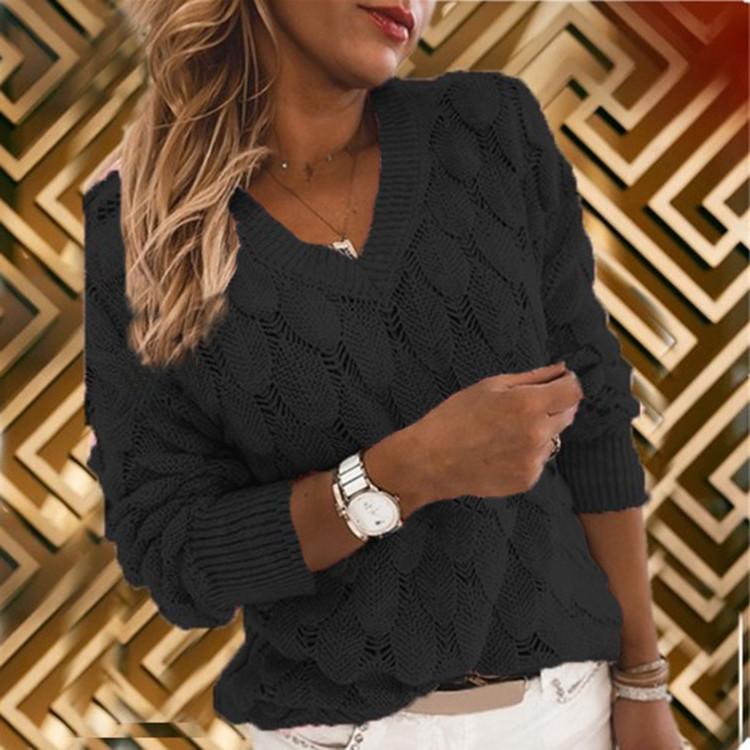 Maglione lavorato a maglia con scollo a V, maniche lunghe invernali da donna, maglione scavato con piume