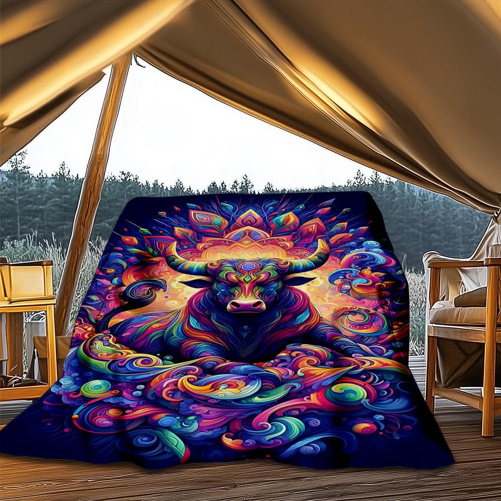 1pc Bull Artwork Throw Blanket Polyester Fiber, Lightweight Flannel, Soft & Warm, All Season Use for Outdoor, Camping Digital Print